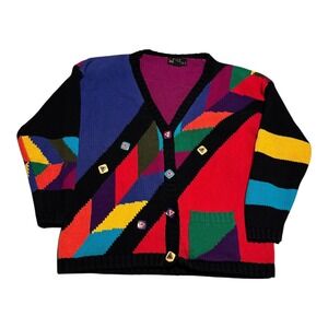Vintage Lisa Nichols 100% Cotton Multicolor Cardigan Sweater Women's M/L FLAWS